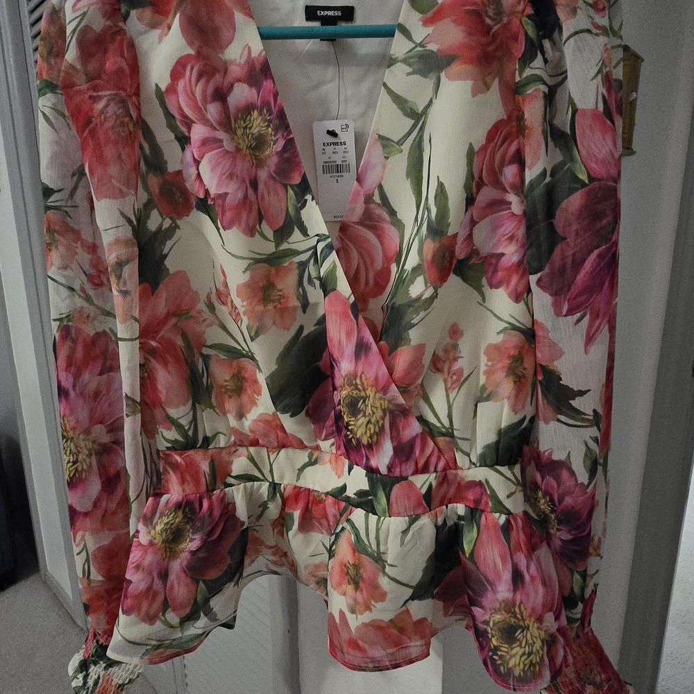 NWT - Express Floral Wrap Top - Pink and Green - Sz. Small